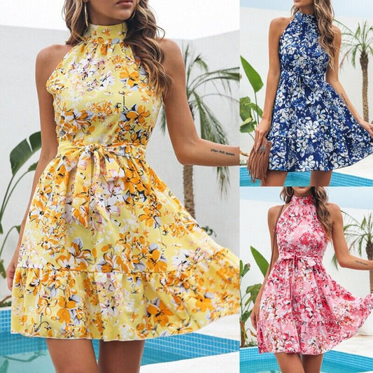 Halter Dresses Women Floral Print Sleeveless Swing Chiffon Holiday Dress - Pretty Girl Stuff