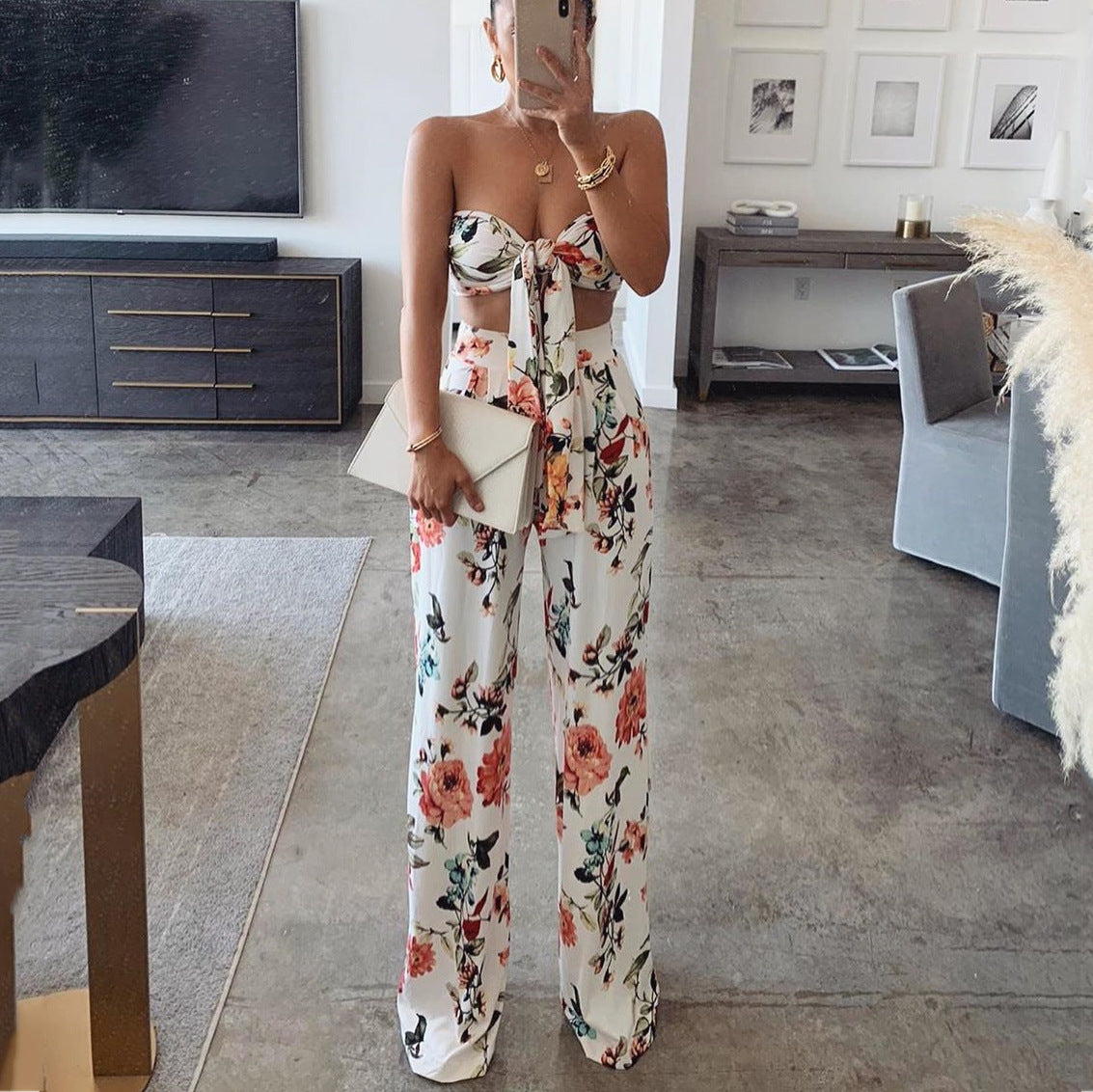 Women's Printed Lace-Up Tube Top Trousers Two-Piece Set - Pretty Girl Stuff