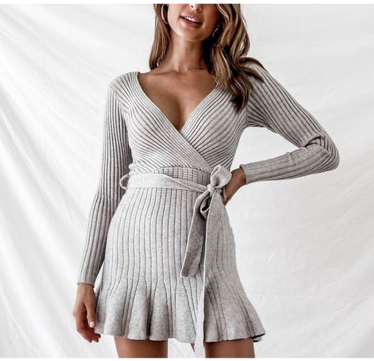 Sexy V Neck Knitted Dresses Women Long Sleeve - Pretty Girl Stuff