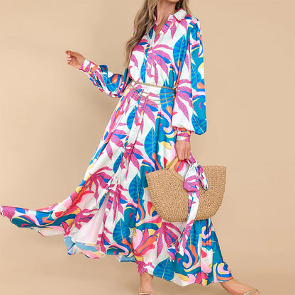 New Printed Dresses Long-sleeved Polo Collar Oversized Hem Dresses Women - Pretty Girl Stuff