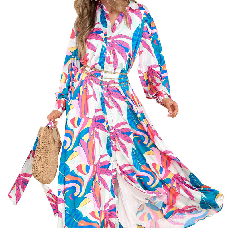 New Printed Dresses Long-sleeved Polo Collar Oversized Hem Dresses Women - Pretty Girl Stuff