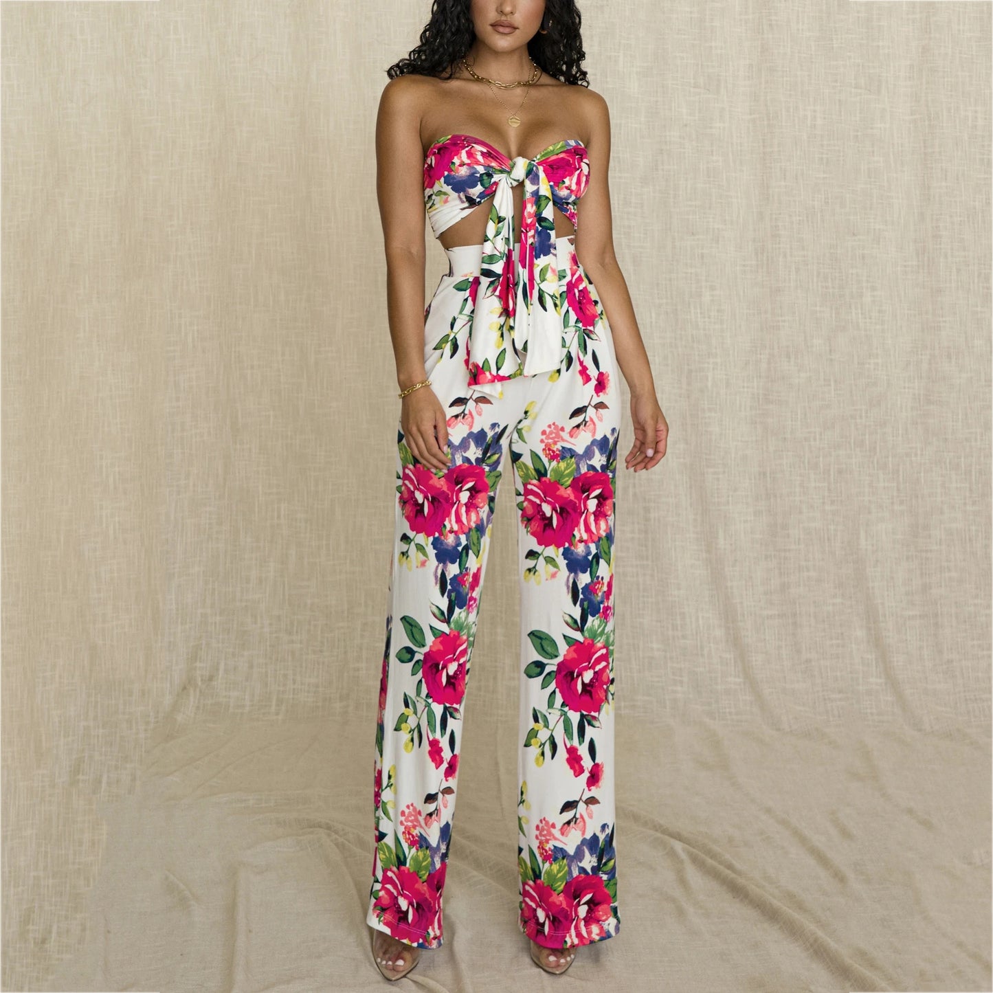 Women's Printed Lace-Up Tube Top Trousers Two-Piece Set - Pretty Girl Stuff