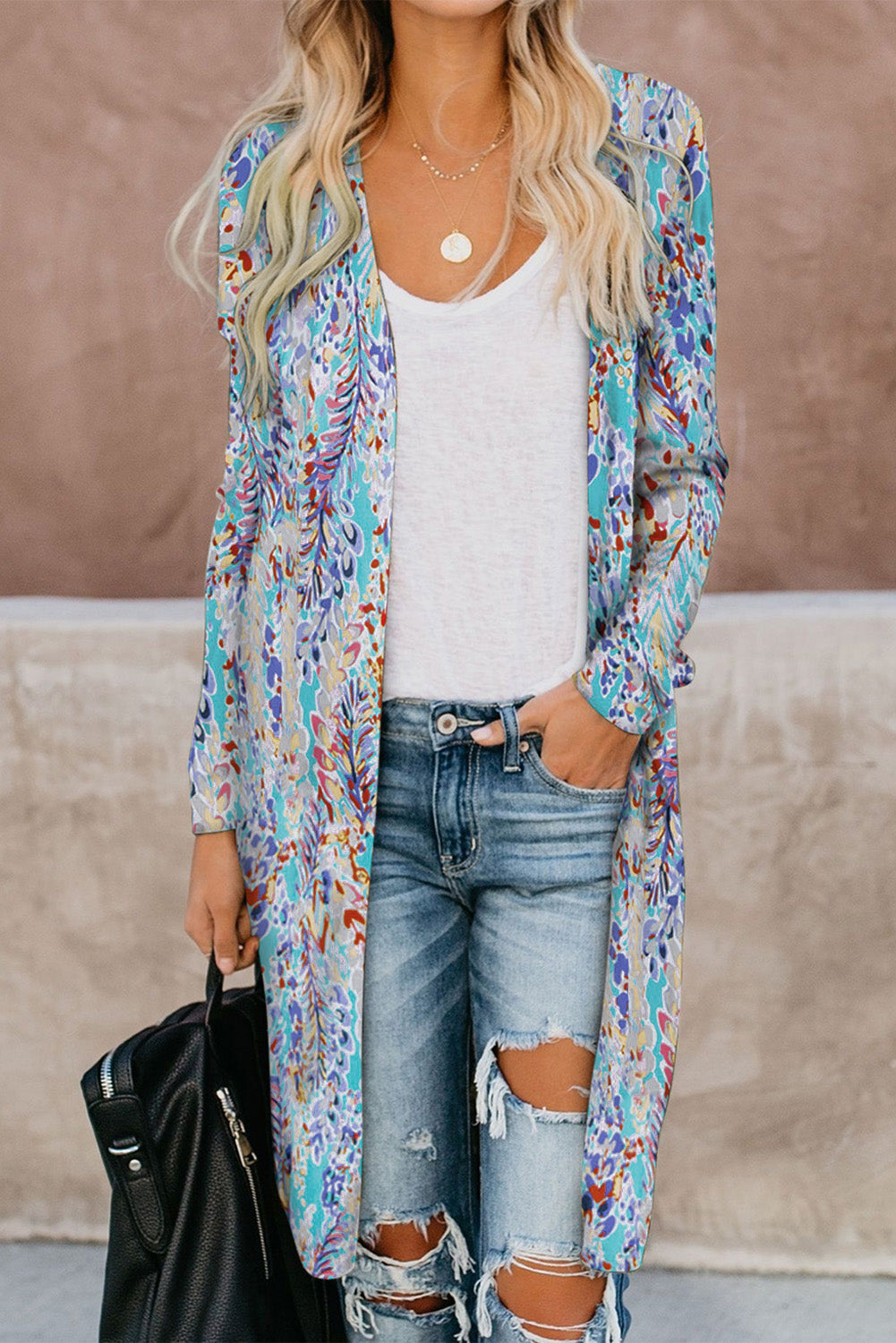 Double Take Printed Open Front Longline Cardigan - Pretty Girl Stuff