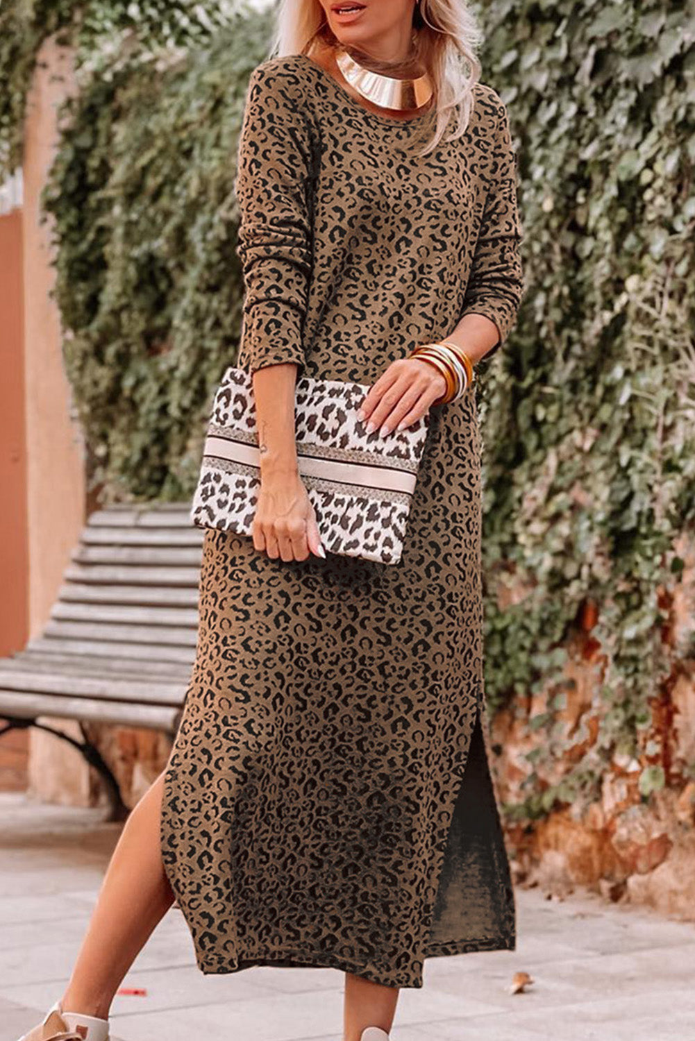 Round Neck Leopard Print Long Sleeve Slit Dress - Pretty Girl Stuff