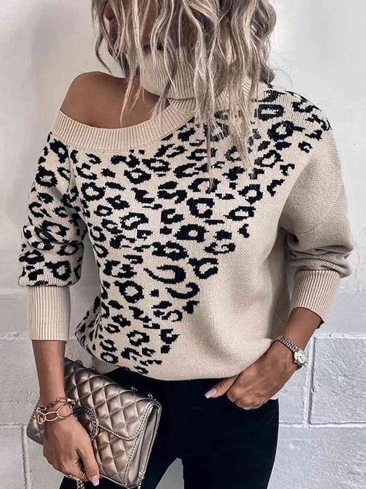 Leopard Turtleneck Cold Shoulder Long Sleeve Sweater - Pretty Girl Stuff