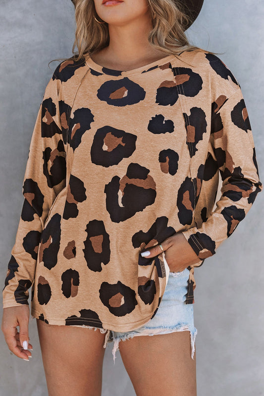 Full Size Leopard Print Round Neck Long Sleeve Tee - Pretty Girl Stuff