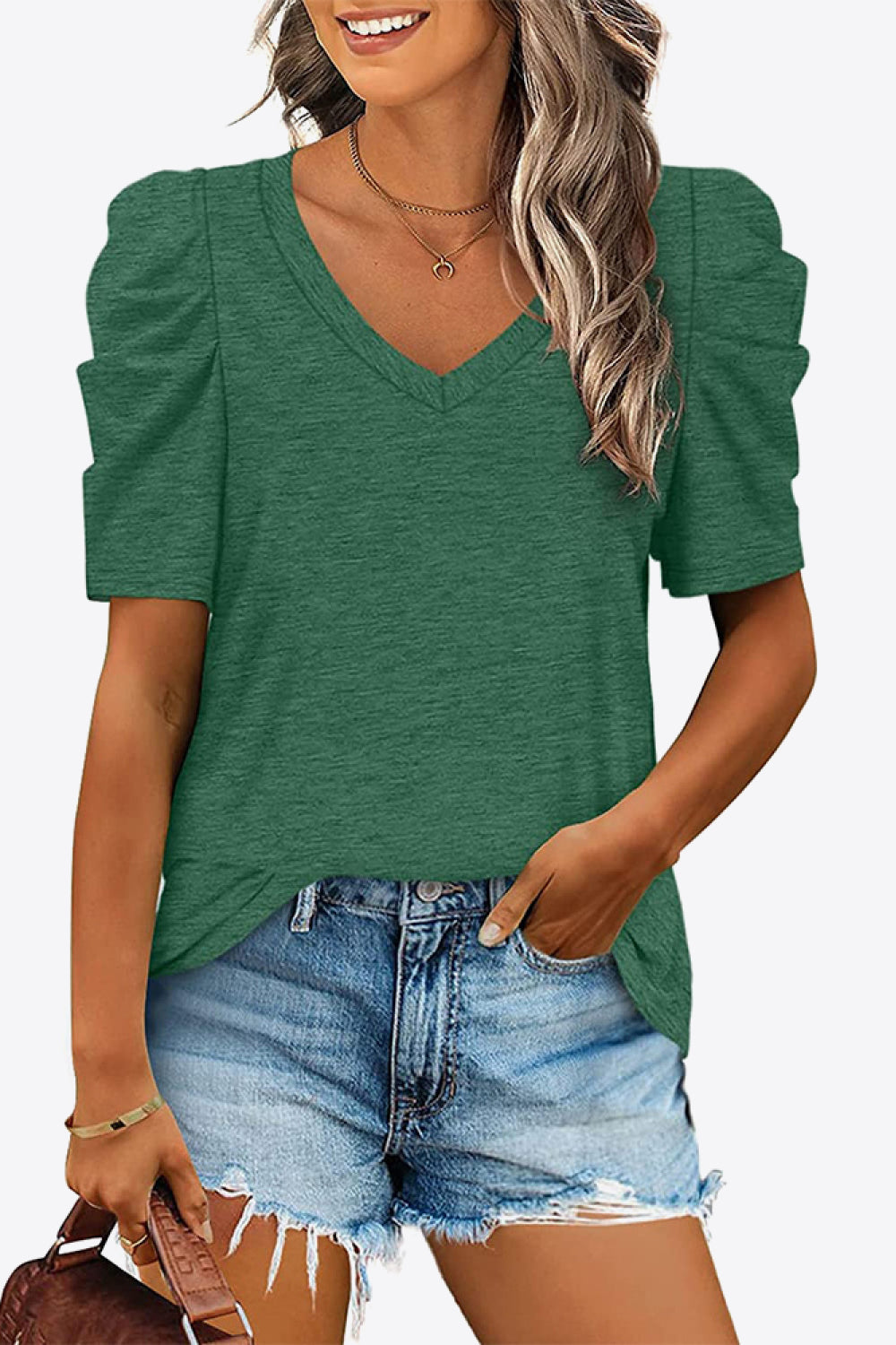 V-Neck Puff Sleeve Tee - Pretty Girl Stuff