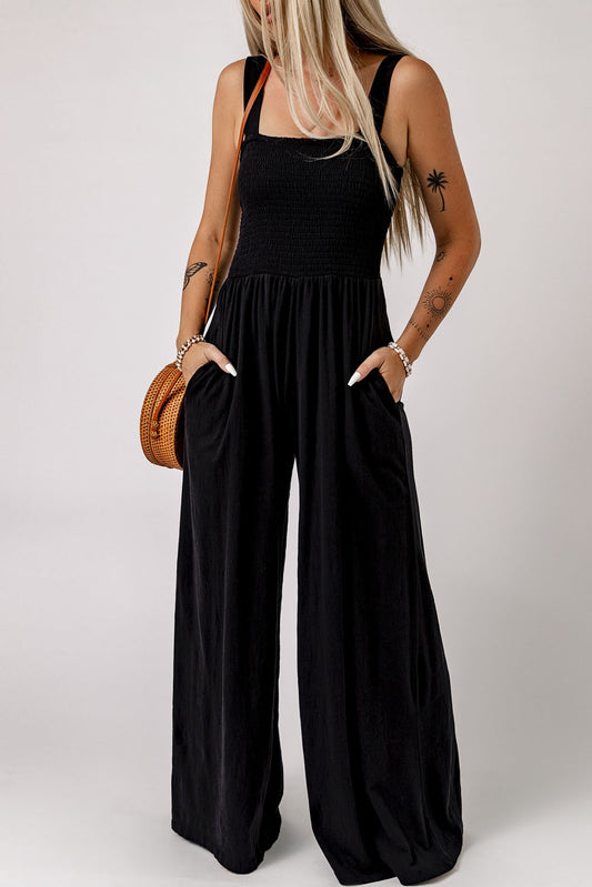 Smocked Square Neck Wide Leg Jumpsuit with Pockets - Pretty Girl Stuff