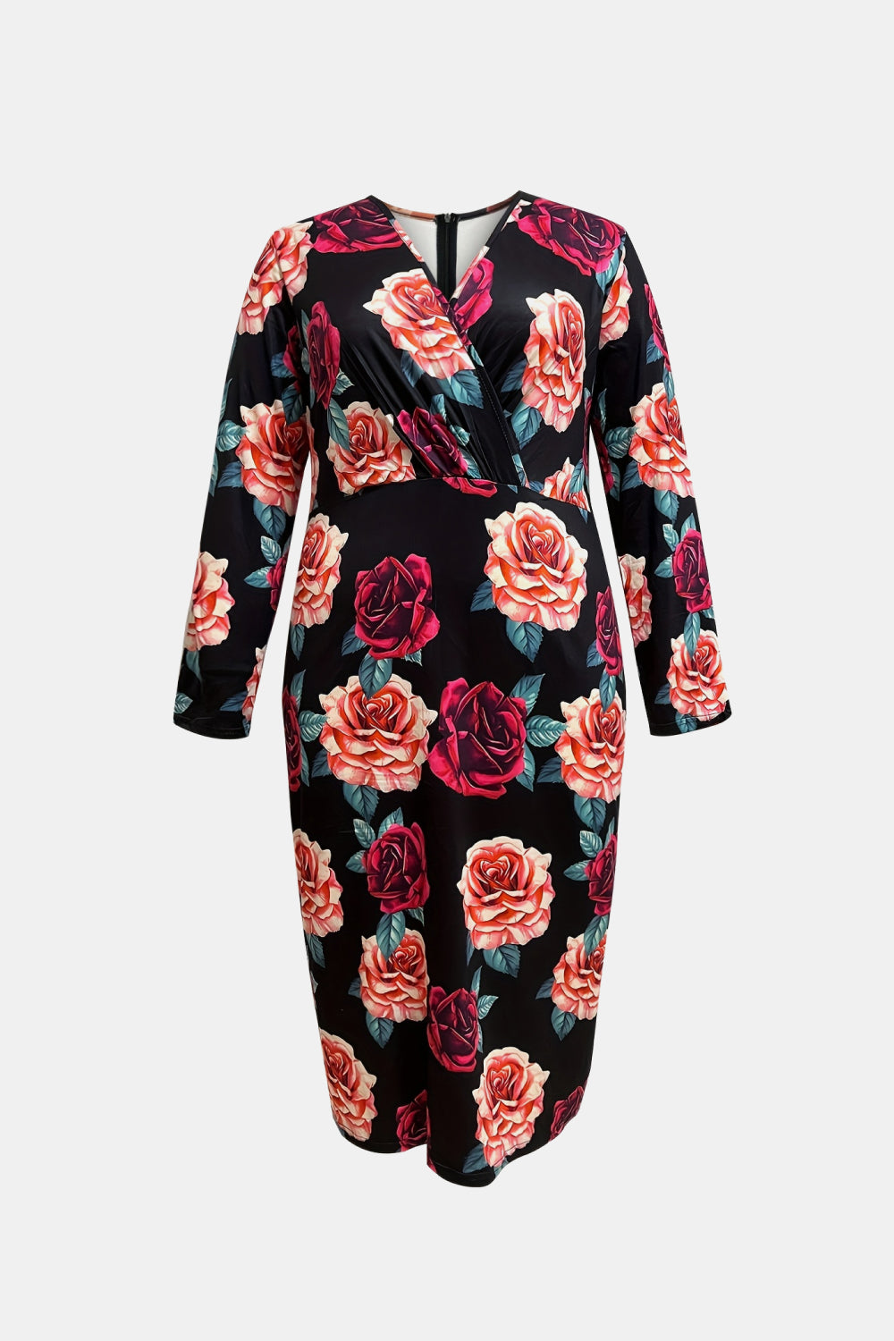 Plus Size Floral Print Surplice Neck Long Sleeve Dress - Pretty Girl Stuff