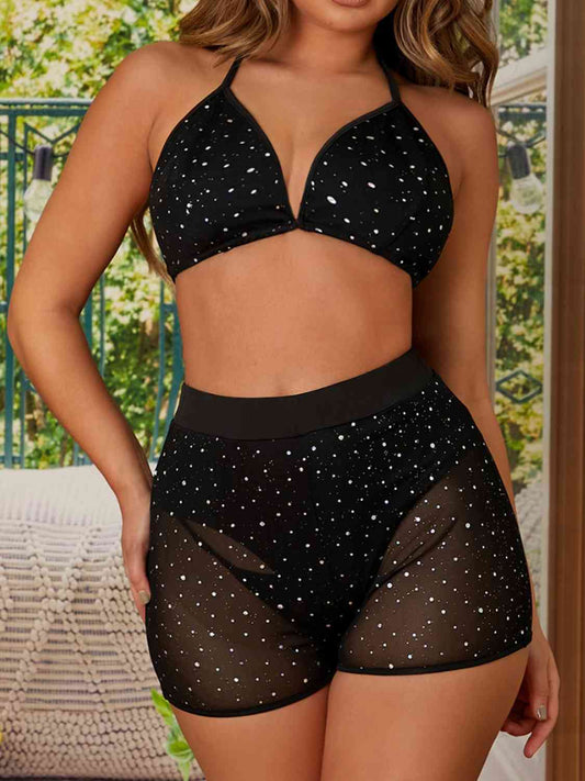 Rhinestone Halter Neck Bralette and Shorts Set - Pretty Girl Stuff