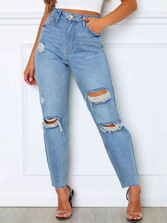 Distressed High Waist Straight Jeans - Pretty Girl Stuff