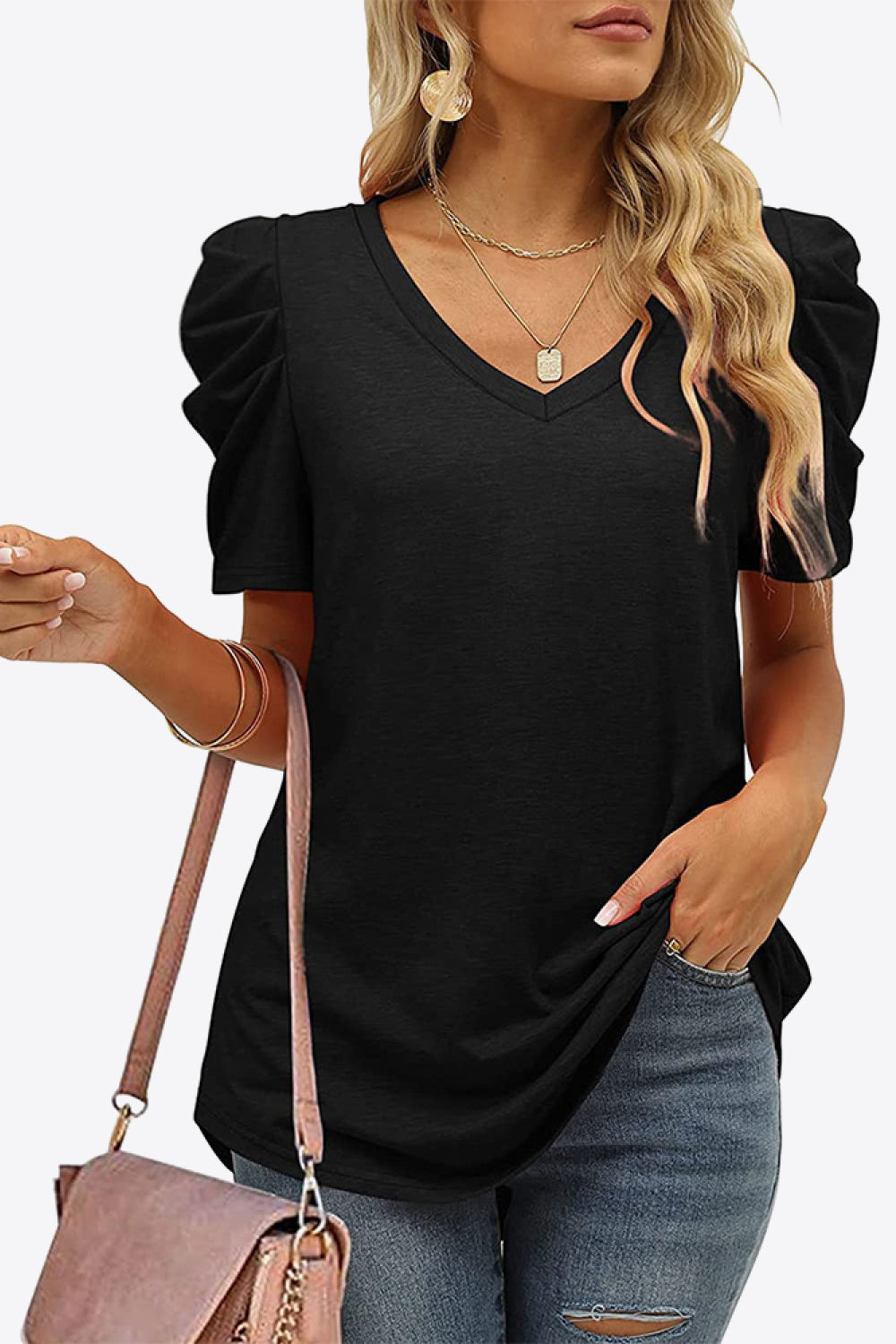 V-Neck Puff Sleeve Tee - Pretty Girl Stuff