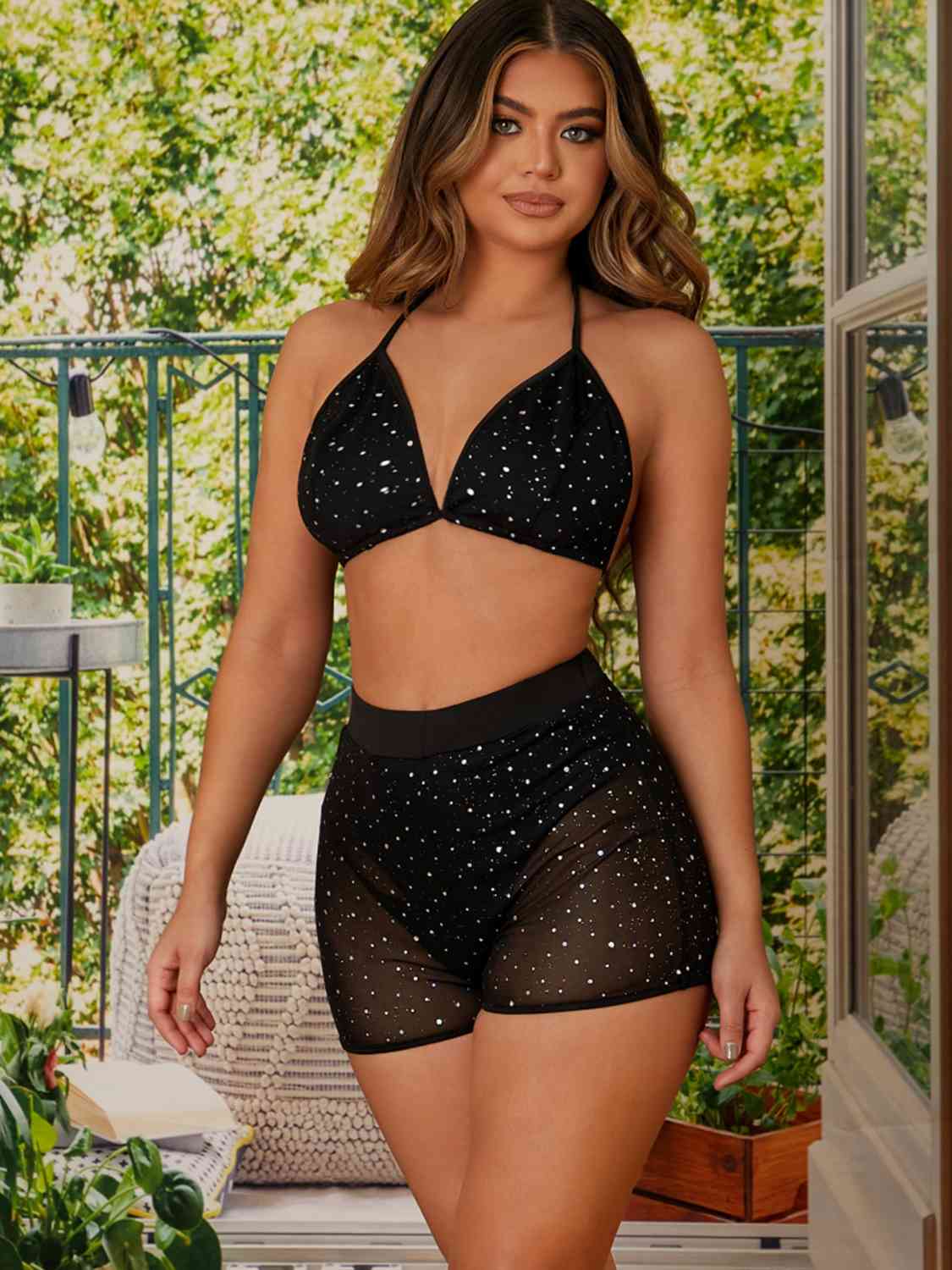 Rhinestone Halter Neck Bralette and Shorts Set - Pretty Girl Stuff