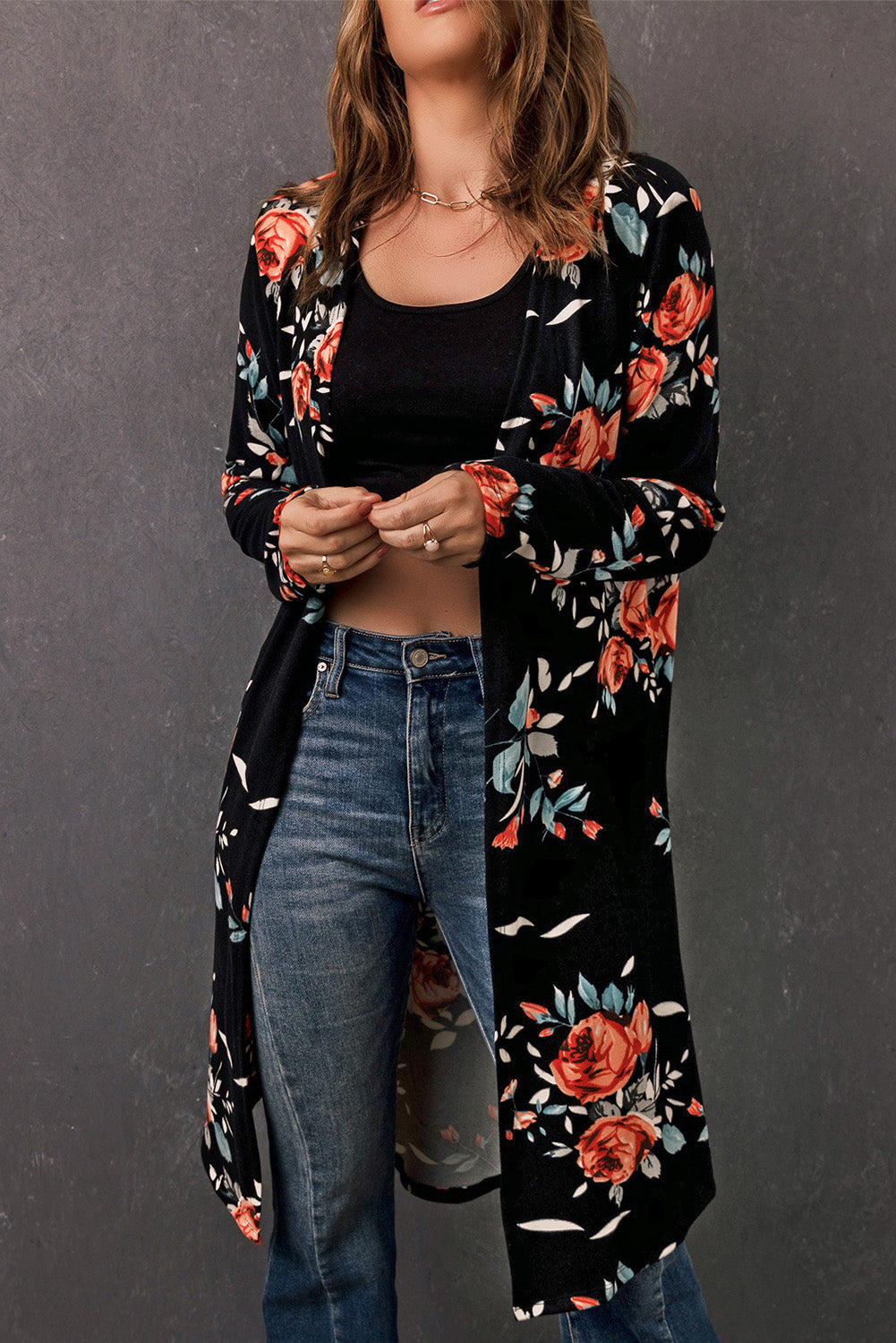 Double Take Printed Open Front Longline Cardigan - Pretty Girl Stuff