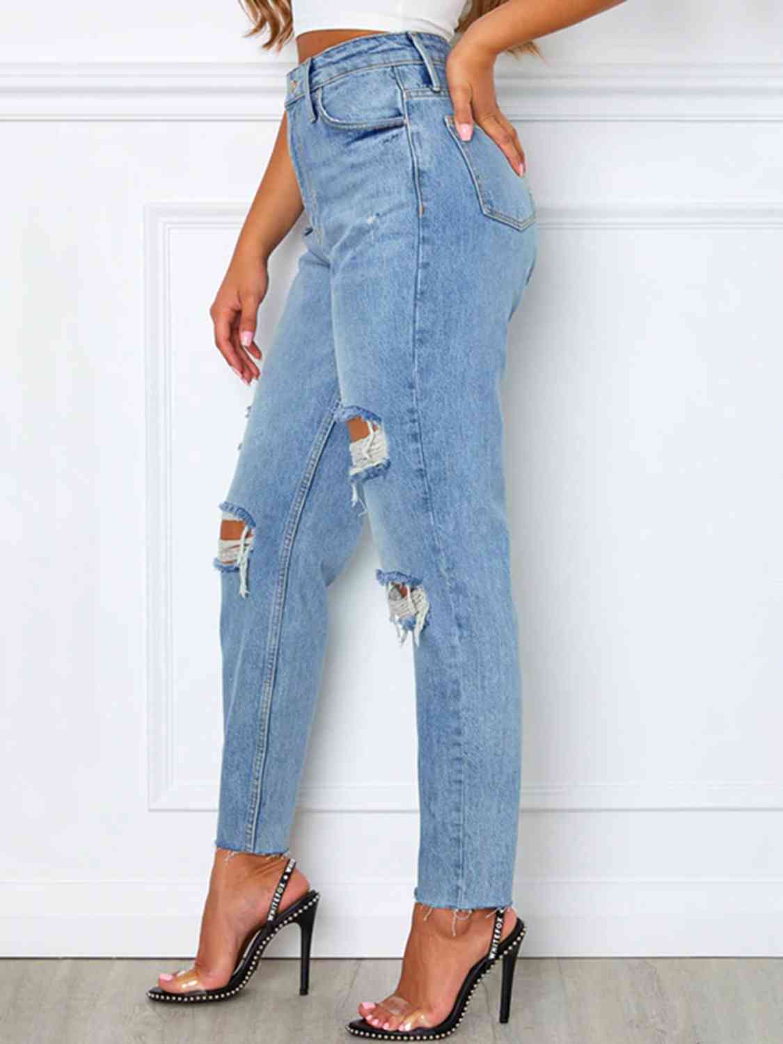 Distressed High Waist Straight Jeans - Pretty Girl Stuff