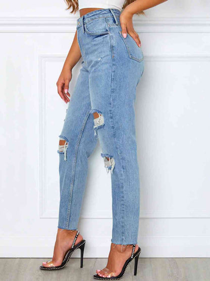 Distressed High Waist Straight Jeans - Pretty Girl Stuff