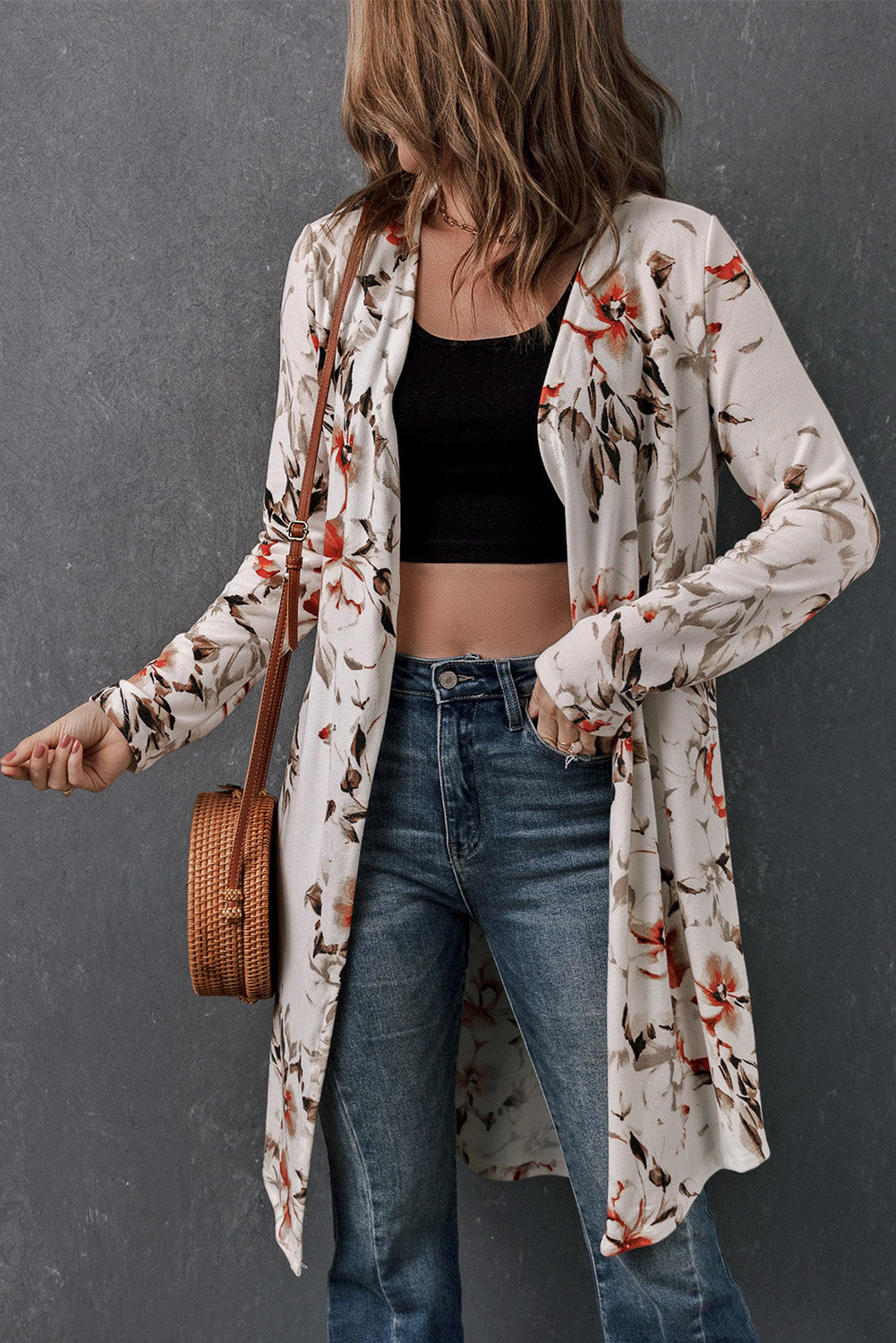 Double Take Printed Open Front Longline Cardigan - Pretty Girl Stuff