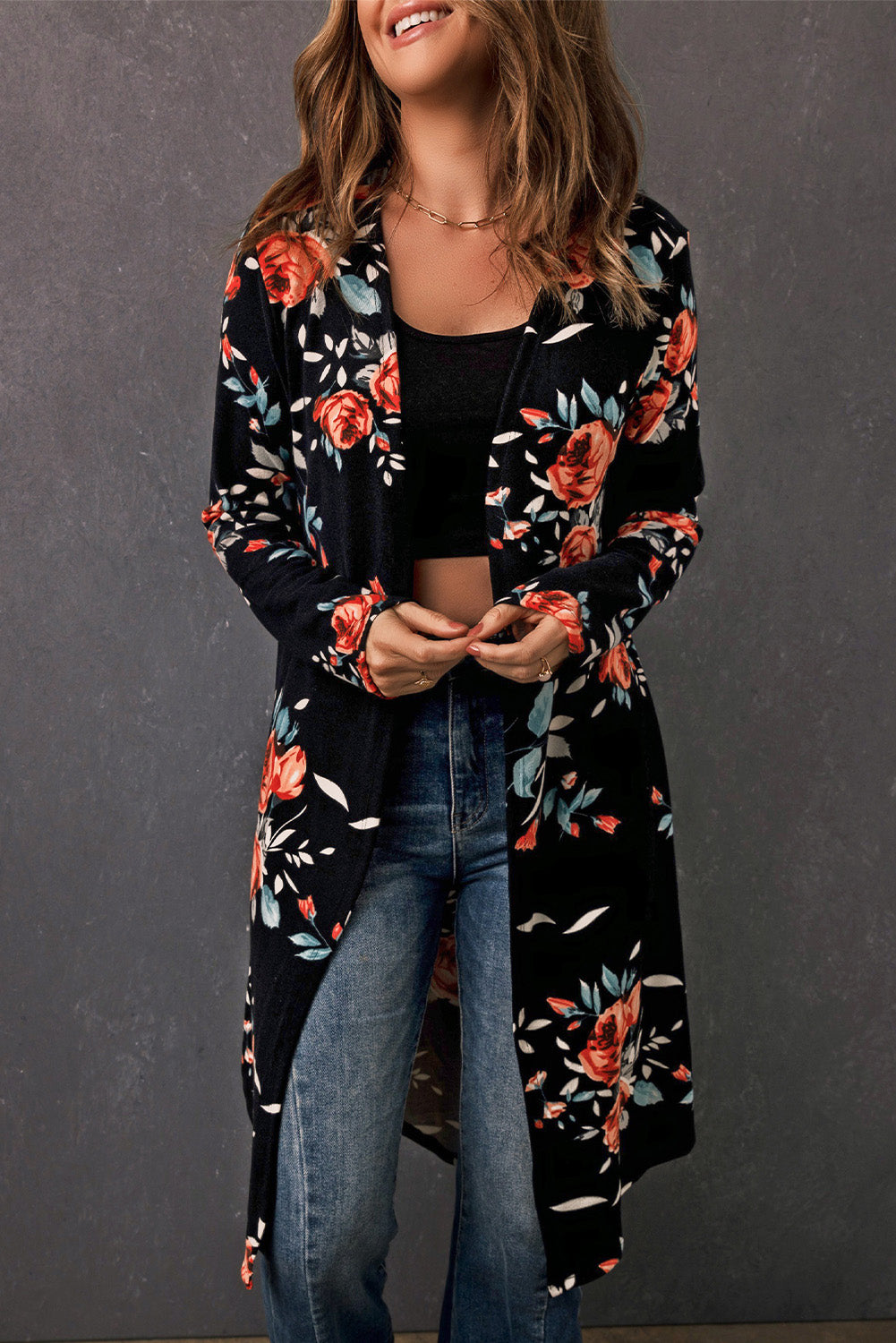 Double Take Printed Open Front Longline Cardigan - Pretty Girl Stuff