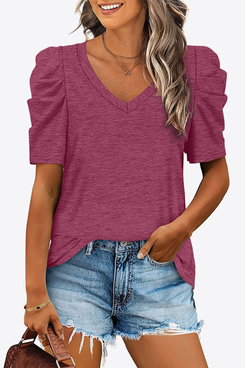 V-Neck Puff Sleeve Tee - Pretty Girl Stuff