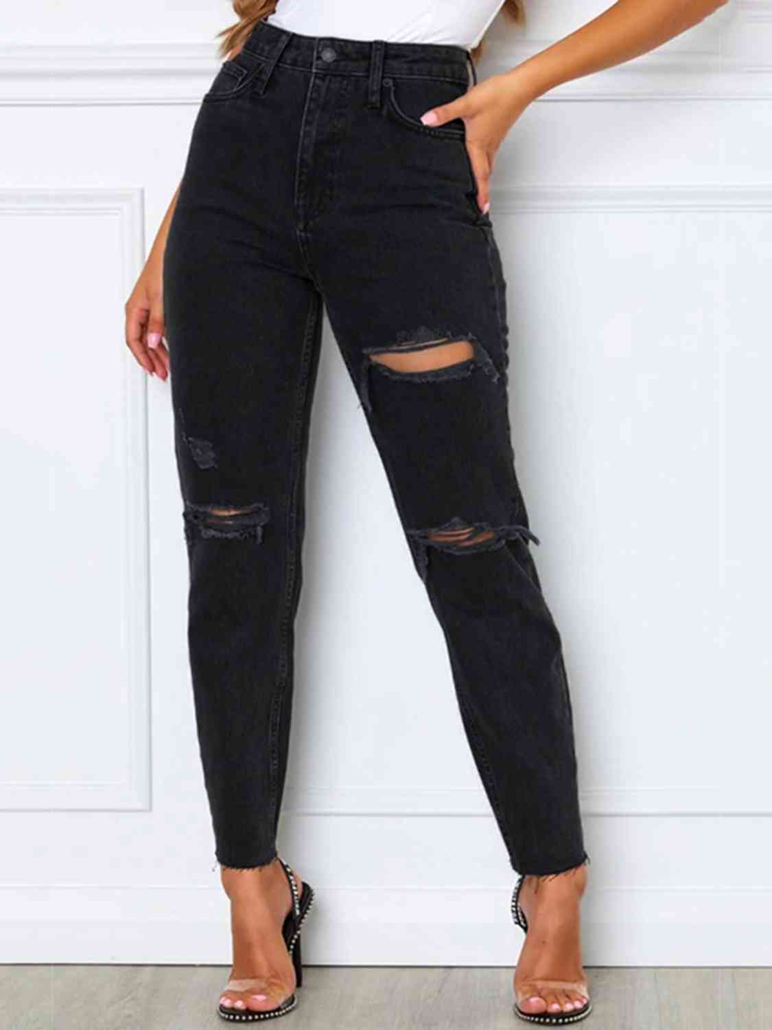 Distressed High Waist Straight Jeans - Pretty Girl Stuff