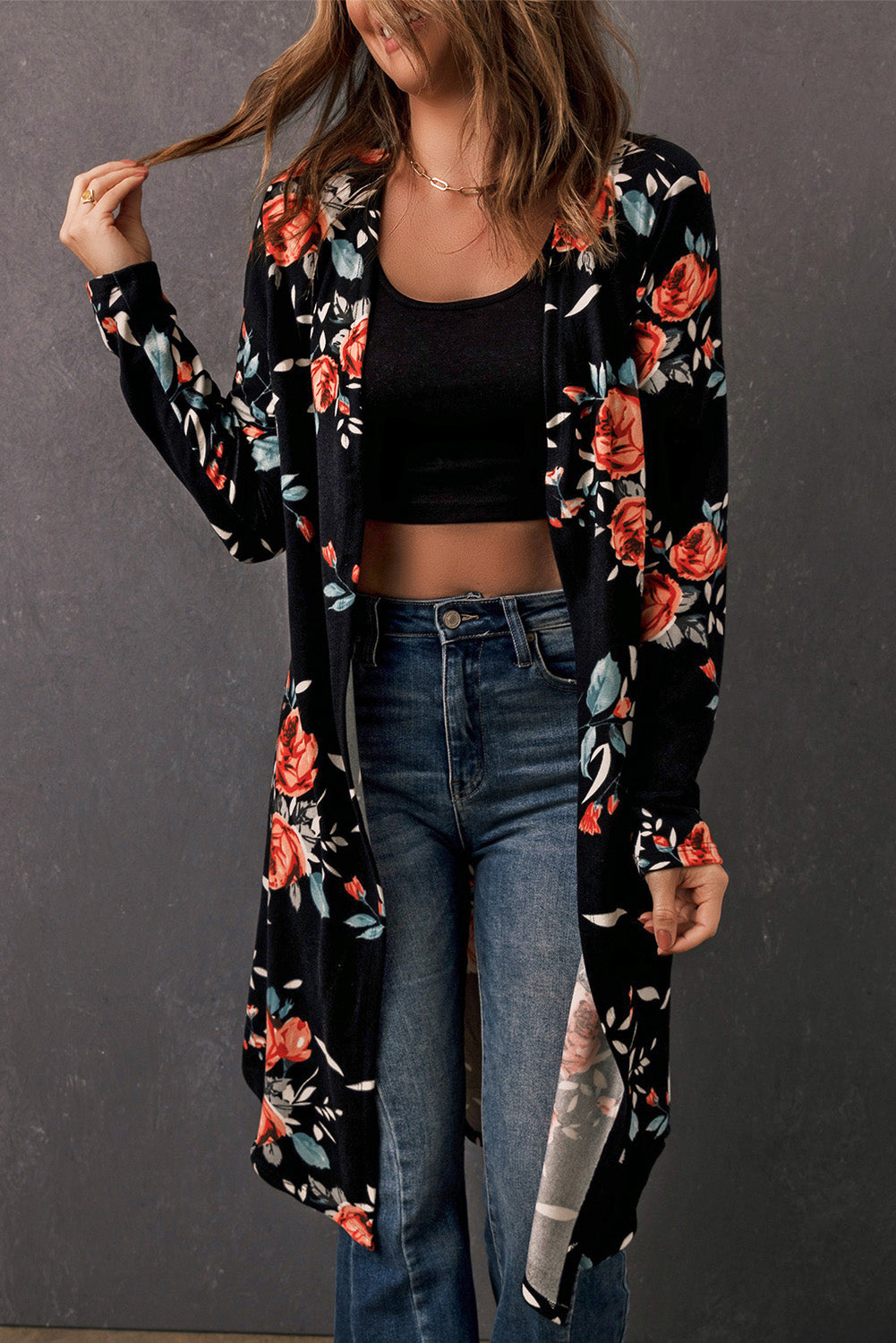 Double Take Printed Open Front Longline Cardigan - Pretty Girl Stuff